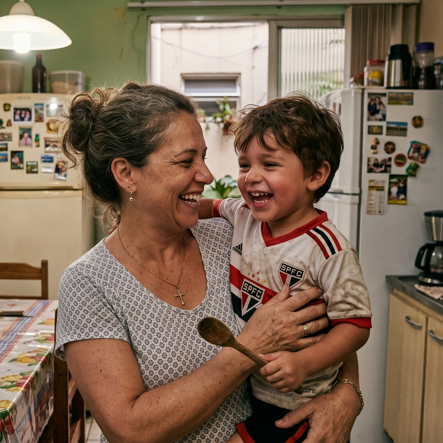 Joana e o filho Léo na cozinha
